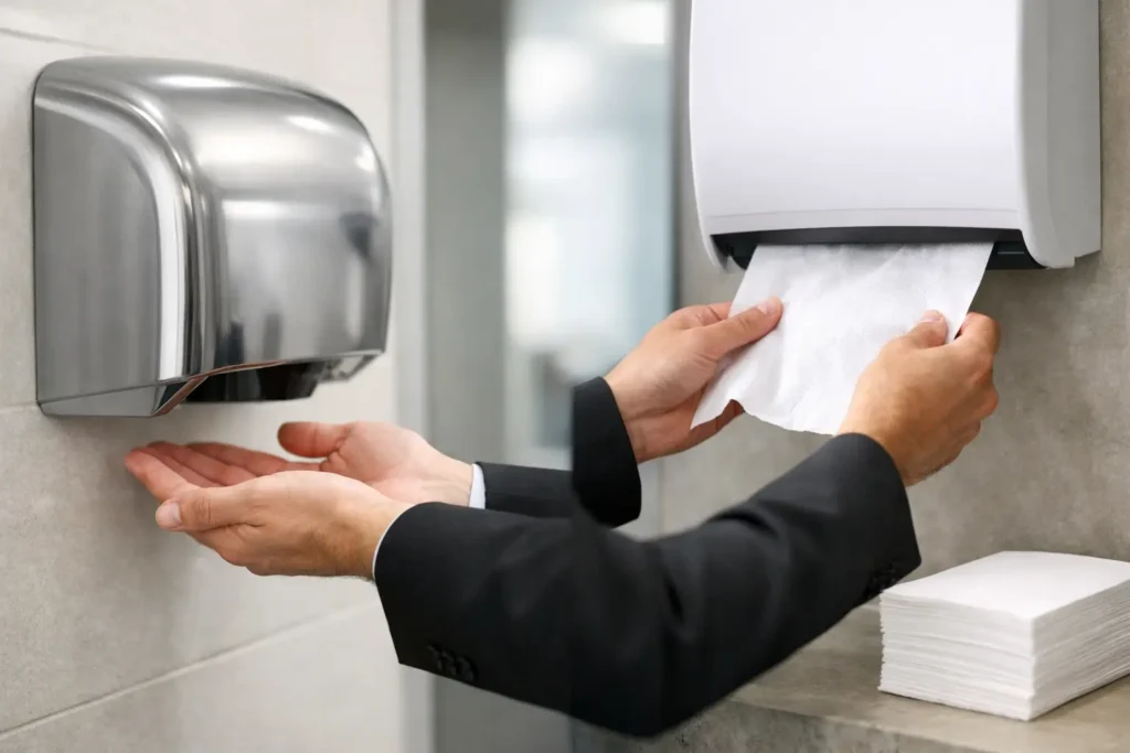 Secador elétrico versus papel toalha